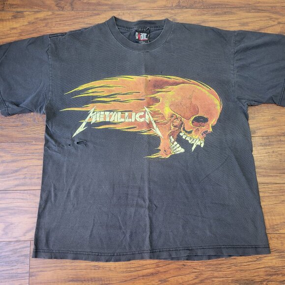 METALLICA 1994 Vintage Flaming Skull Sun Pushead T-Shirt sz L WELL